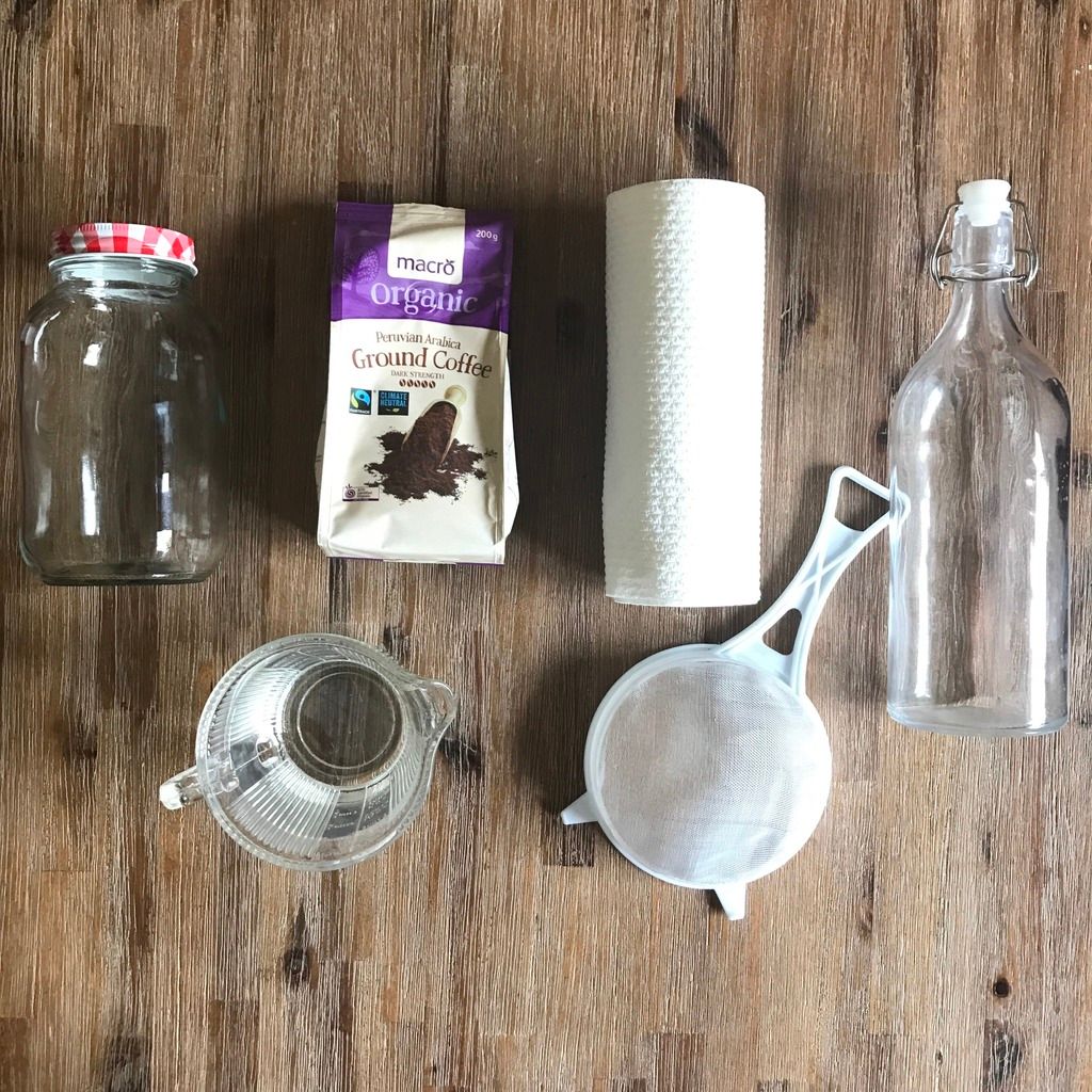 DIY cold brew ingredients coffee, bottle, jar, paper towel, water, jug