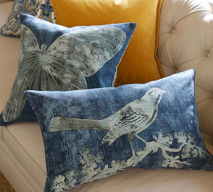 Pottery Barn Batik Bird Lumbar Pillow Cover Blue Denim 16x26" Aviary