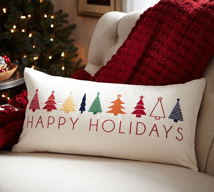 Pottery Barn Happy Holidays Lumbar Pillow Cover Embroidered Christmas
