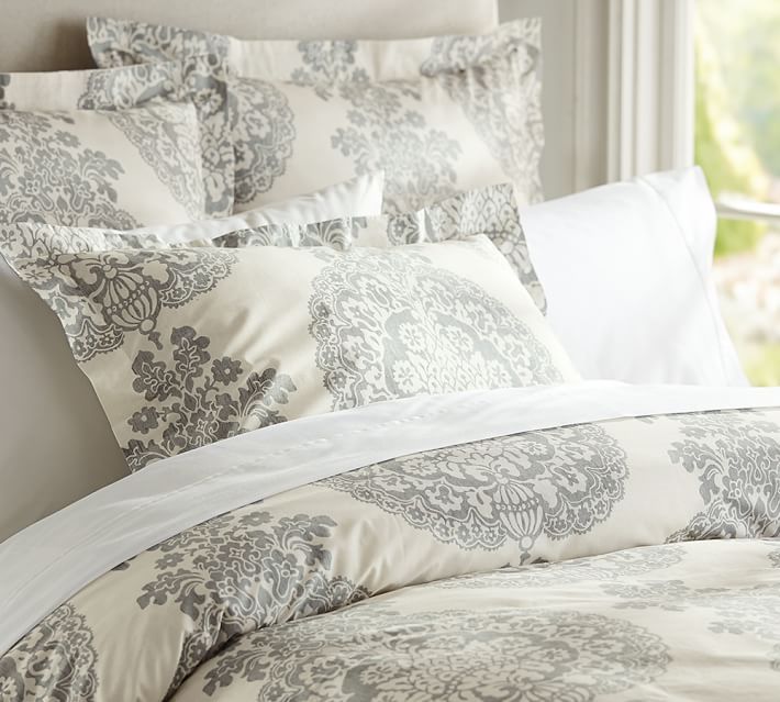 Pottery Barn Lucianna Duvet Cover Floral King w/ 3 Euro Shams Gray New