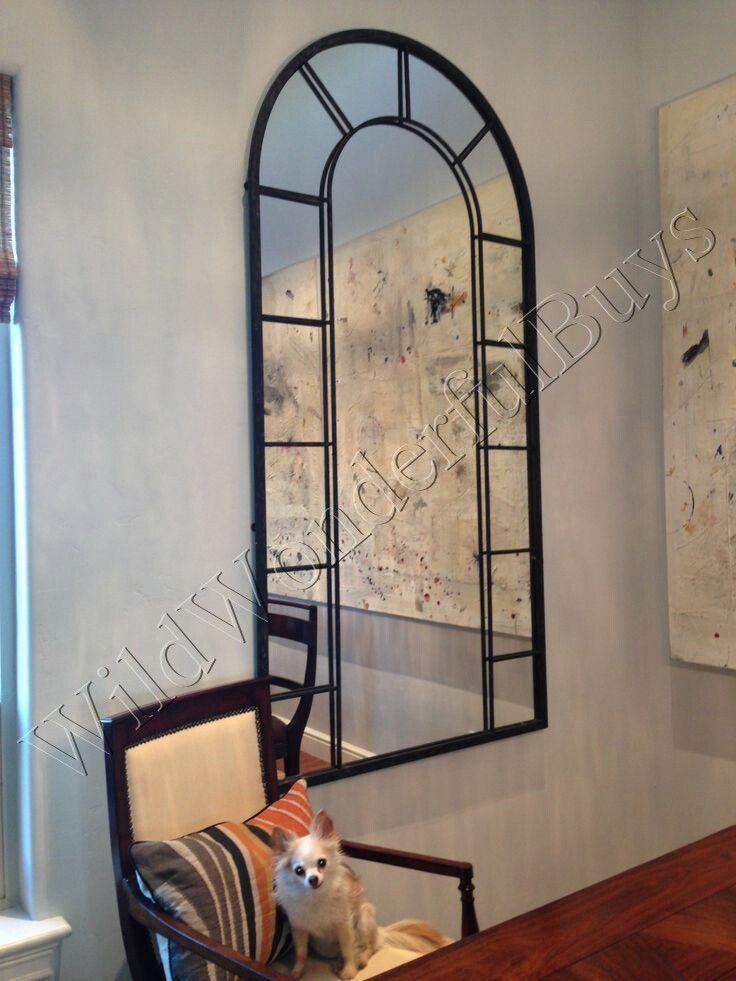 XL Grande Arch Paneled Wall Floor Mirror Black Metal Windowpane Arched