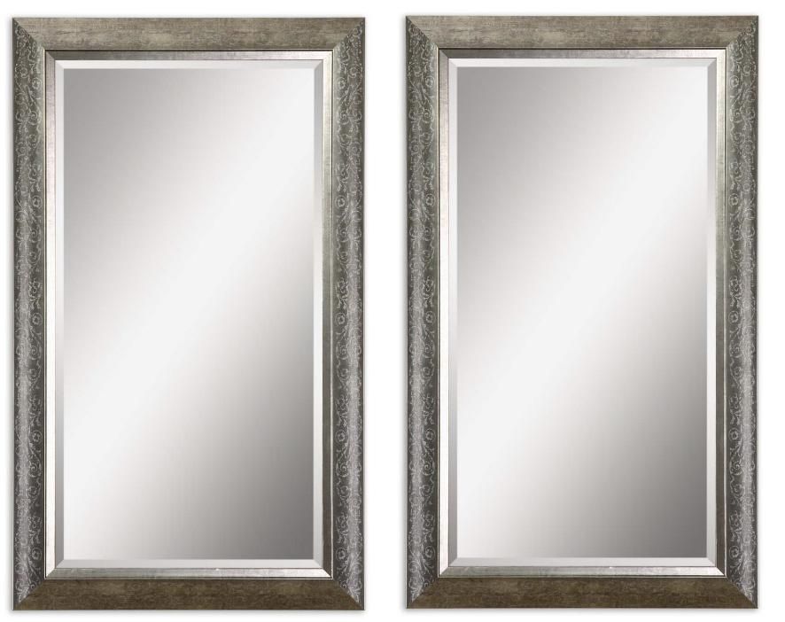 S/2 Large Silver Leaf Floral Stencil WALL MIRROR Beveled 35"H Bathroom