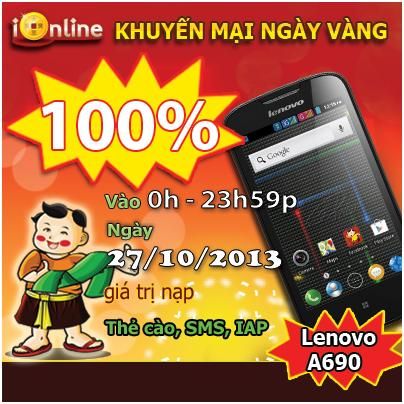 Game iOnline - Khuyến mãi 100%, nhận Lenovo A690