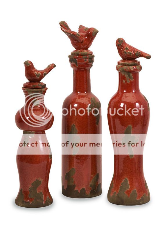 French Country s 3 Red Bird Bottles Jars Figurines Statue Distressed 