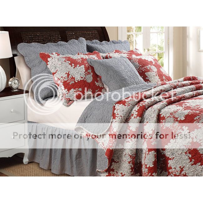   Gingham Stripe w/ Rich TUSCAN Red Floral QUILT SET Reversible Queen