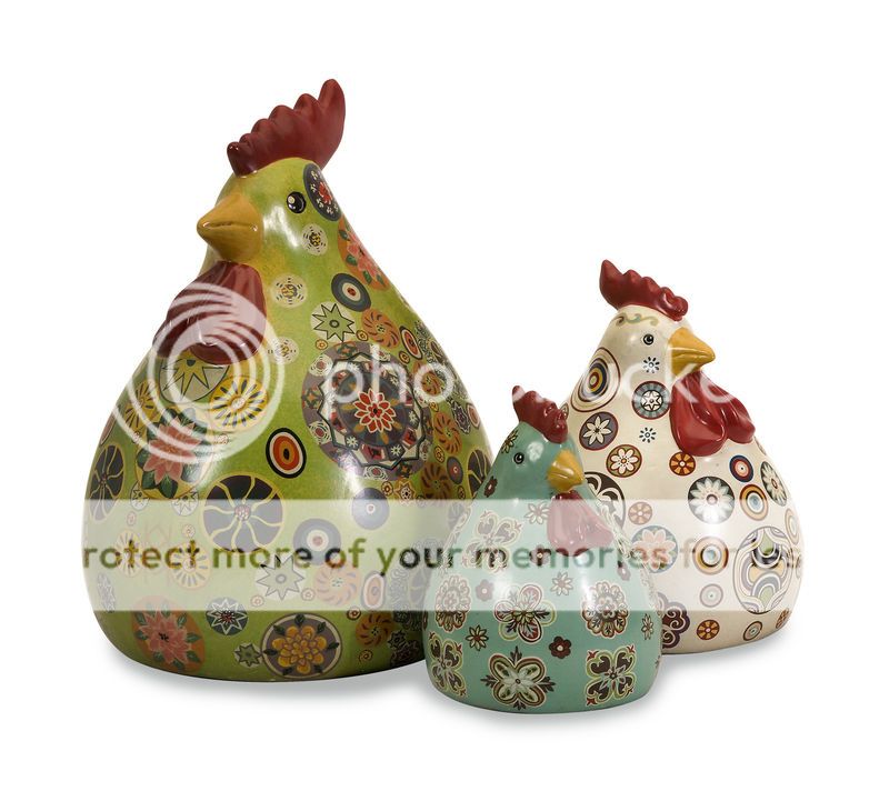   Made of porcelain with dots of flowers accenting each chicken/rooster